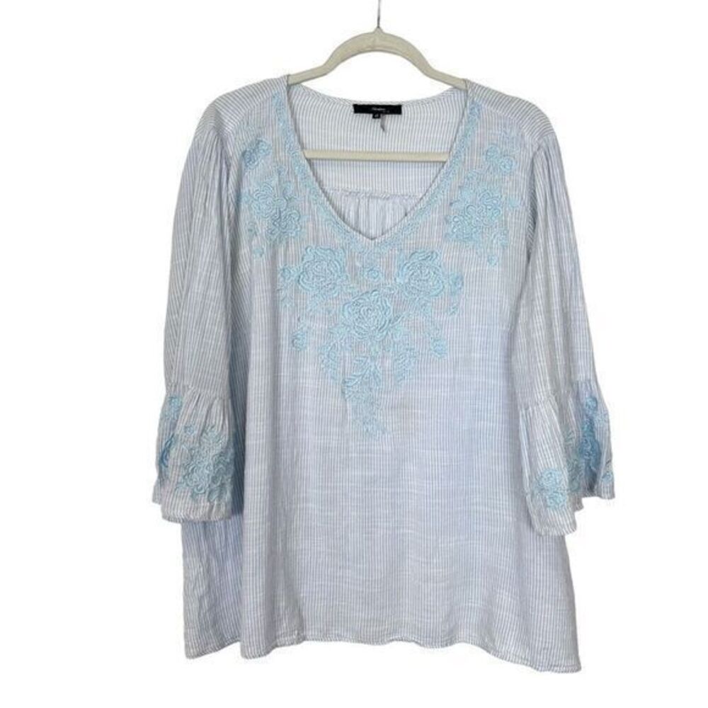 Andree by Unit Blue White Stripe Floral Embroidered Blouse Tunic Top 1X Womens